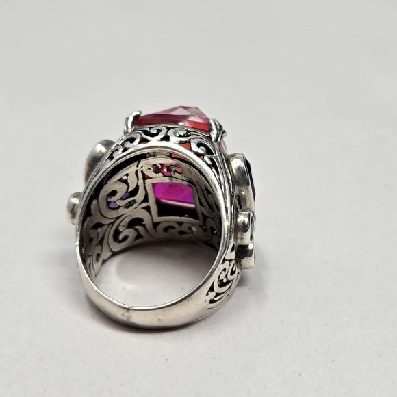 Mystic Quartz Ring Sz 5.5 Sterling Silver Amethyst Citrine Brown Stones Ornate - Picture 4 of 9